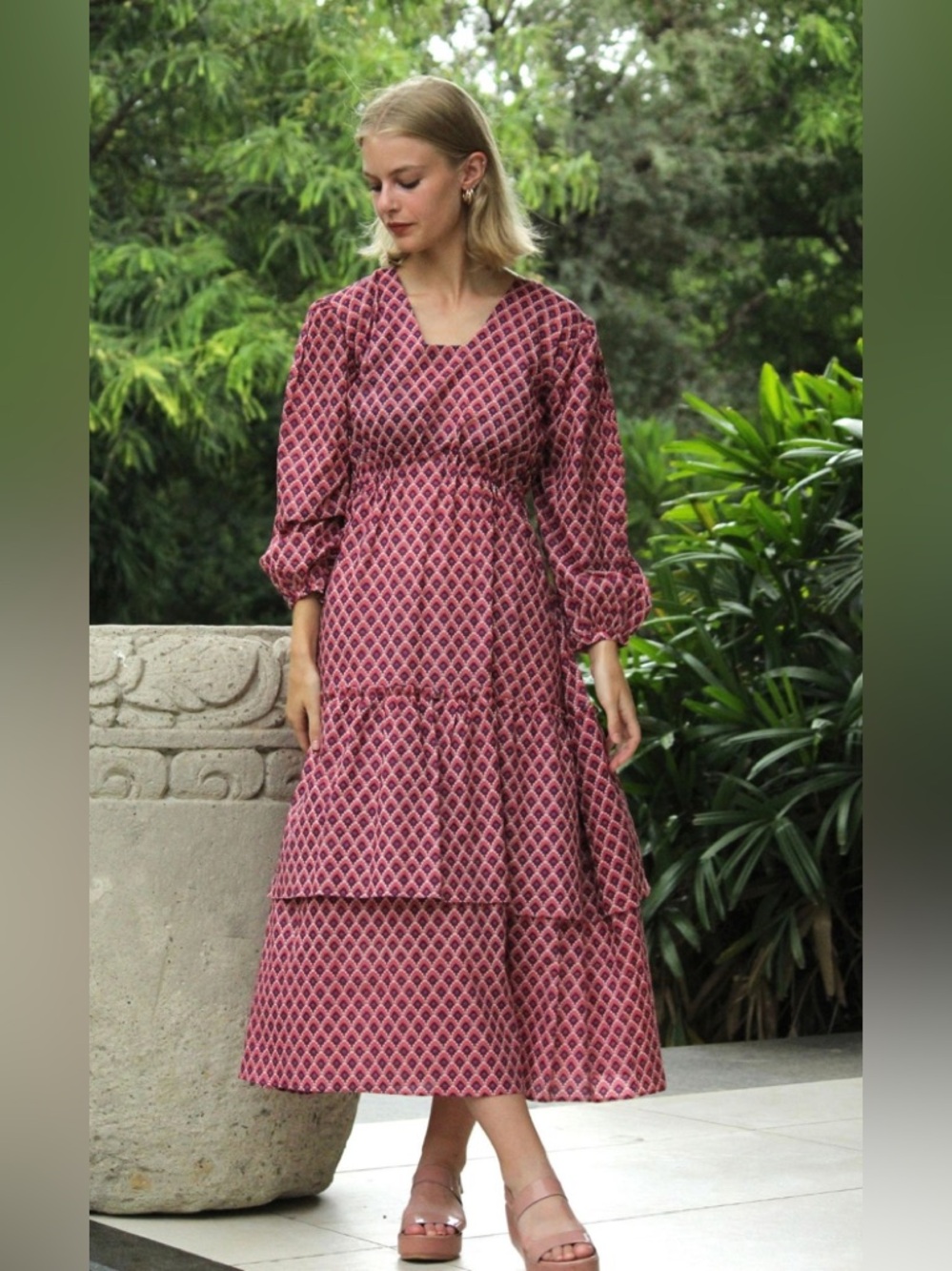Cyclamen Hawa Mahal Flounce Cotton Tiered Purple Pink Dress Size Medium